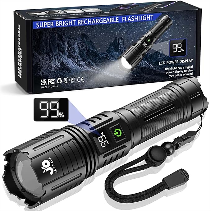 JAY-PARK Rechargeable Flashlights 10000 Lumen, LED Flashlight with Digital Power Display and Zoomable, Flashlights High Lumen Super Bright Long Distance for Camping, bushcraft, Outdoor