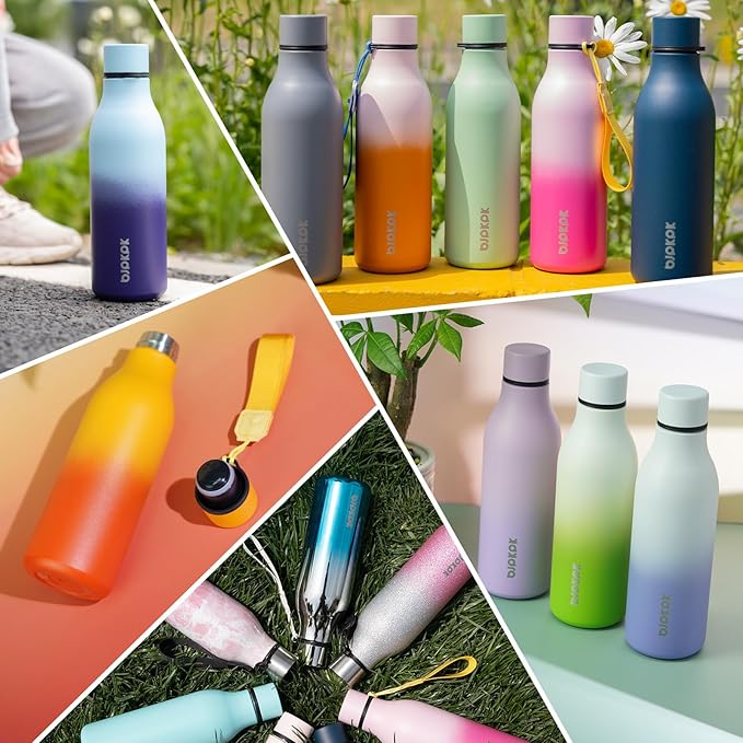 BJPKPK Insulated Water Bottles, 18 oz Stainless Steel Metal Water Bottle with Strap, BPA Free Leak Proof Jugs, Mugs, Flasks, Reusable Thermal Flasks for Sports & Travel, Sunset Orange