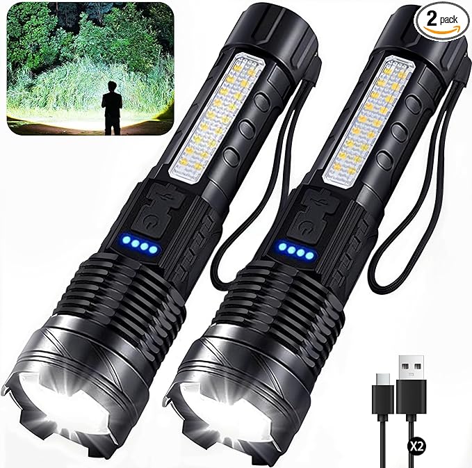 Rechargeable Flashlights High Lumens, 7Mode LED Flashlight Rechargeable, Super Bright Flashlight Powerful, IPX6 Waterproof, Adjustable Tactical Flashlights for Home Emergencies Camping, 2 Pack