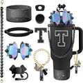 9PCS Black for Stanley Cup Accessories Set Bling Initials Bow Charms for Stanley Decorations 30/40 Oz Tumbler Accessories Including Bow Straw Topper, Handle Strap, Spill Stopper（Letter T）