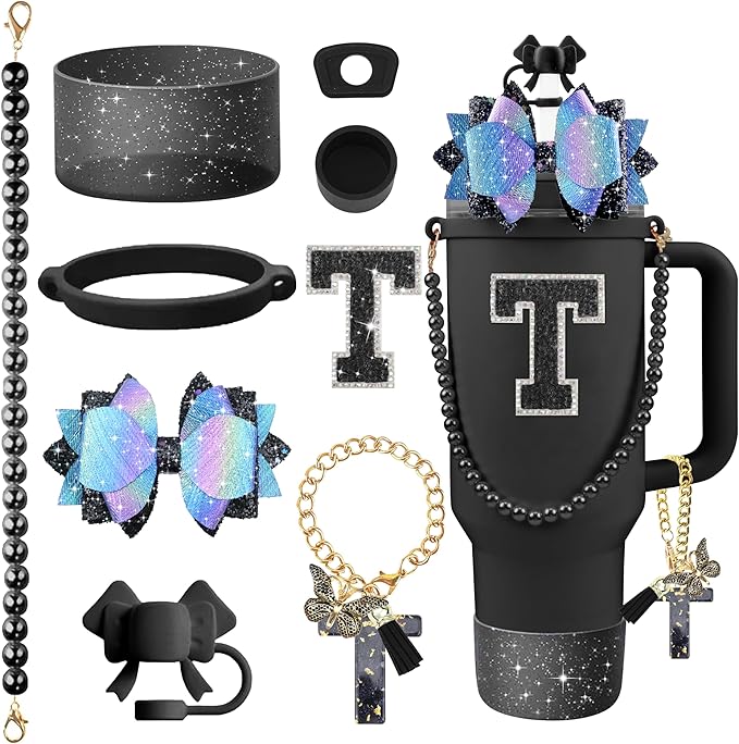 9PCS Black for Stanley Cup Accessories Set Bling Initials Bow Charms for Stanley Decorations 30/40 Oz Tumbler Accessories Including Bow Straw Topper, Handle Strap, Spill Stopper（Letter T）