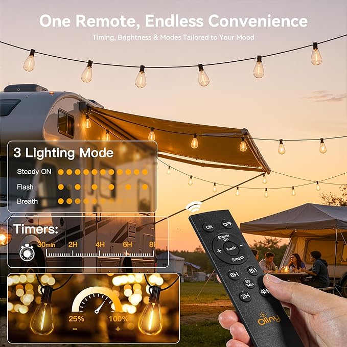 Ollny S11 30FT Solar String Lights Outdoor with Remote, Waterproof Dimmable Patio Lights with Timer & 3 Lighting Modes, 10 Shatterproof Edison Bulbs, String Lights for Outside Backyard Party Décor