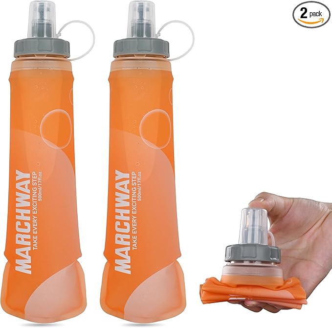 MARCHWAY Soft Hydration Flask with Wide Mouth, 300ml/500ml Collapsible TPU Water Bottle, Leakproof Portable Flexible for Running, Hiking, Cycling, Climbing, Gym, Travel (2pcs Orange 500ml)