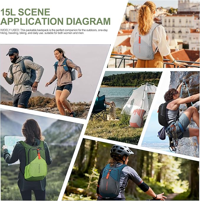 FIORETTO 15L Hiking Backpack for Women Men Mini Packable Backpack Lightweight Small Daypack for Camping Travel Outdoor, Green