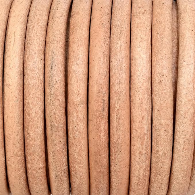 GENIQUE Real/Genuine Round Leather String Cord for Necklace, Bracelets, Jewellery, Braiding (Natural Distressed, 4mm)