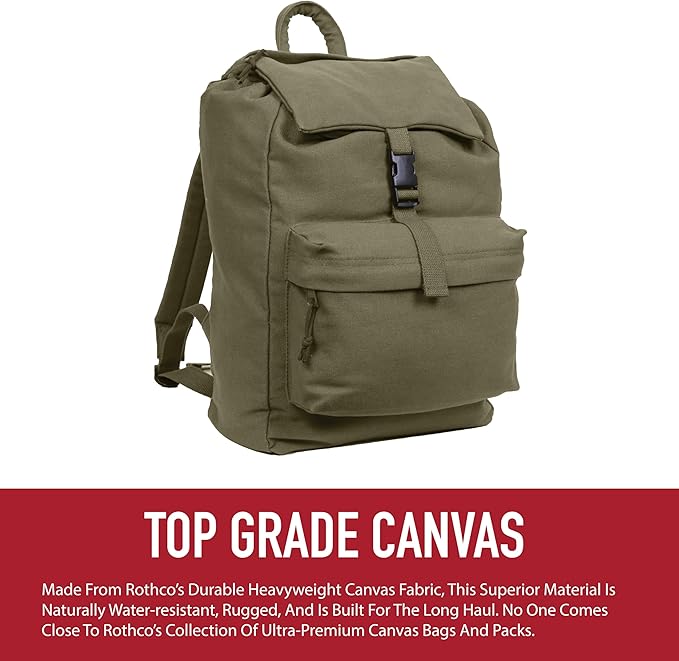 Rothco Canvas Daypack – Heavy-Duty Cotton Canvas Backpack for Hiking, Camping, Traveling, and Daily Use – 34L Capacity