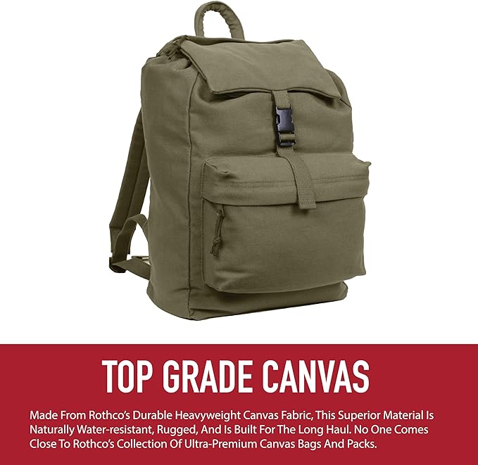 Rothco Canvas Daypack – Heavy-Duty Cotton Canvas Backpack for Hiking, Camping, Traveling, and Daily Use – 34L Capacity