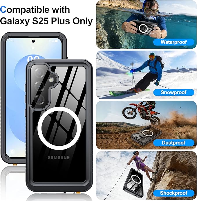 ANTSHARE IP68 Waterproof Case for Samsung Galaxy S25 Plus [2025] - MagSafe Compatible, Built-in Screen/Lens Protector - Shockproof Full Body Protection for Swimming/Outdoor, Black/Clear