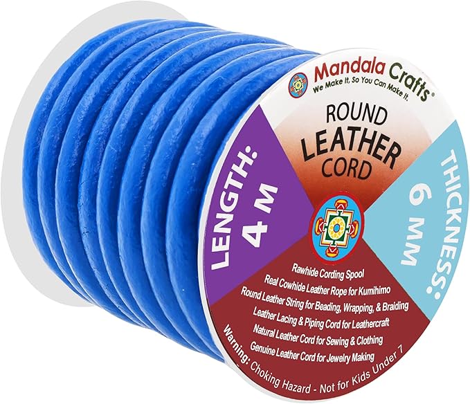 Mandala Crafts Round Genuine Blue Leather Cord for Jewelry Making – 6mm Cowhide Leather Rope String Lace for Kumihimo – 4.4 Yards Cowhide Craft Cording Spool