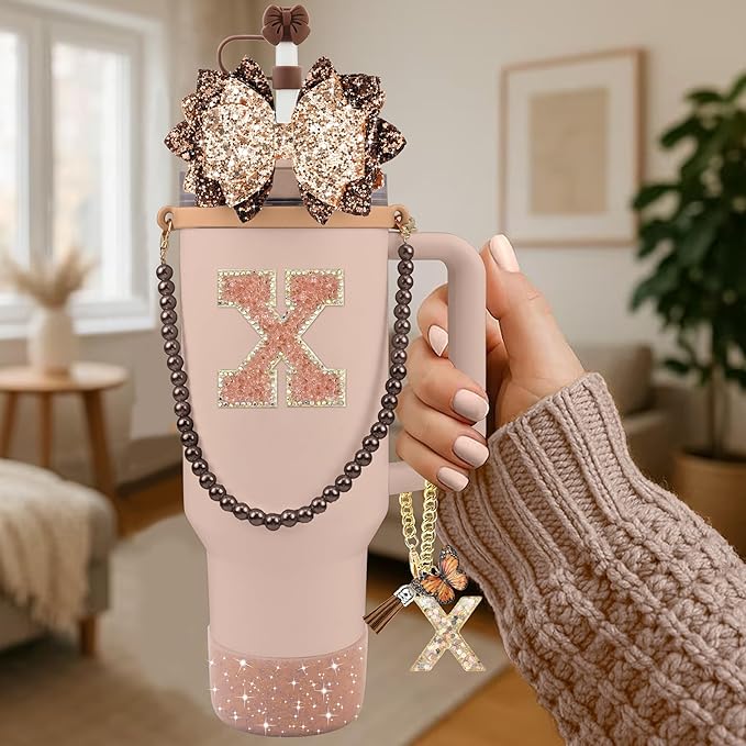 9PCS Brown for Stanley Cup Accessories Set Bling Initials Bow Charms for Stanley Decorations 30/40 Oz Tumbler Accessories Including Bow Straw Topper, Handle Strap, Spill Stopper（Letter X）