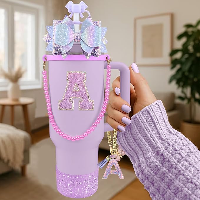 9PCS Purple for Stanley Cup Accessories Set Bling Initials Bow Charms for Stanley Decorations 30/40 Oz Tumbler Accessories Including Bow Straw Topper, Handle Strap, Spill Stopper（Letter A）