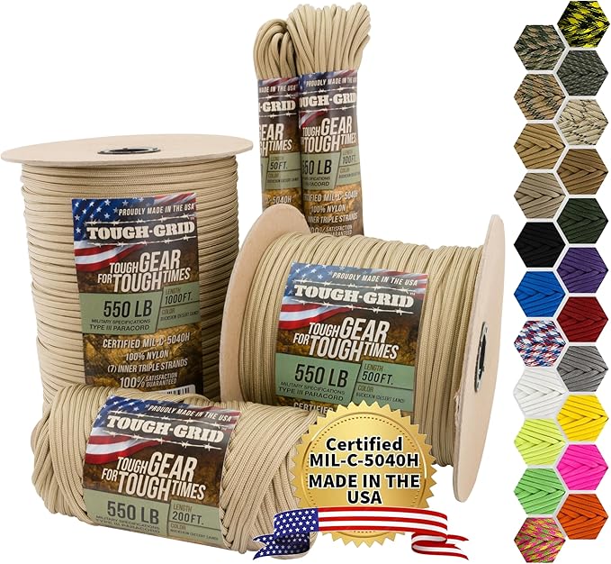 TOUGH-GRID 550 Paracord, Type III Mil-Spec Nylon Rope - 500 Ft Buckskin Tactical Survival Cord