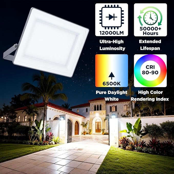 100W 12000LM Flood Lights Outdoor, Bright LED Work Light with Plug, 6500K Daylight White LED Flood Lighting, Security Yard Lights, Waterproof for Garage, Yard, Porch 2 Pack