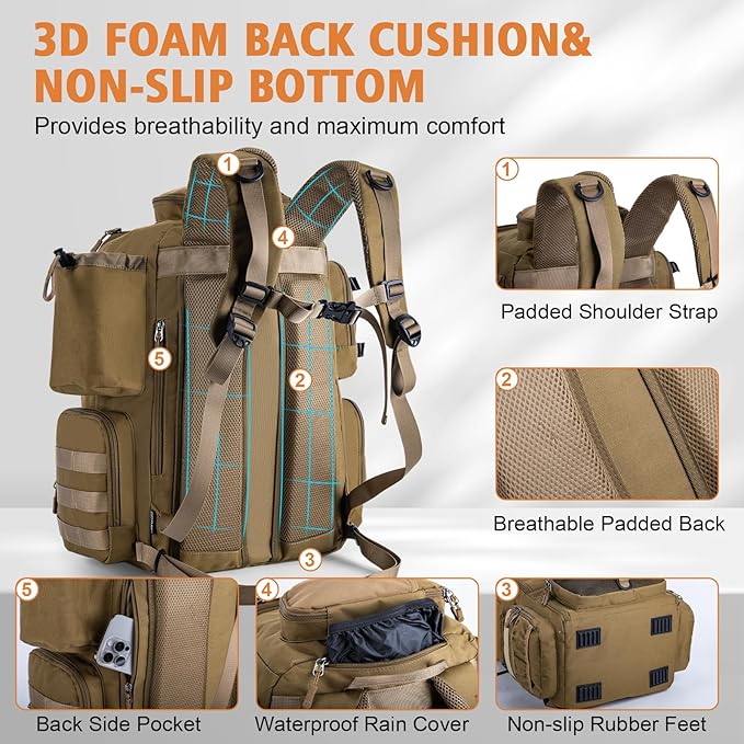 Goture Fishing Backpack, 58L 900D Water-Resistant Insulated Tackle Backpack with Cooler, Rod Holders, 8 Lure Pockets, Detachable Crossbody Bag, Gear Storage Large Fishing Bag for Camping Hiking