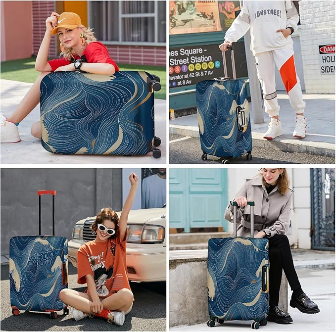 ANNA QUEEN Ocean Wave Luggage Cover, Elegant Blue Flow Line Design Suitcase Protector, Washable Stretchable Travel Sleeve for 24-26 Inch Luggage