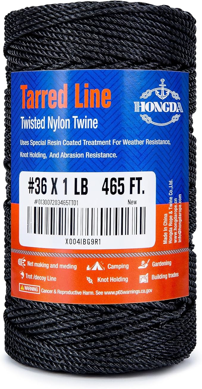 HONGDA Tarred Bank Line Twine, 465 Feet Nylon Twine #36 Bank Line-Black Nylon String 2.3mm, Black Strong Twisted Seine Rope Ideal for Gardening, Construction, Gear Tying, Bushcraft Gear