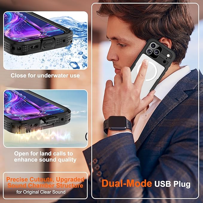 Phone Case for iPhone 17 Pro, IP68 Submersible [6.6FT] Military Grade Waterproof Shockproof with MagSafe Compatible Wireless Charging, Built-in Screen Protector for Swimming Outdoor Sports