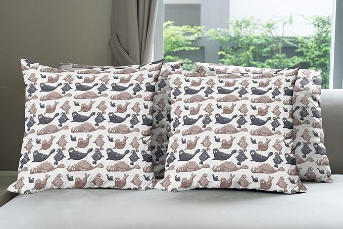Ambesonne Sea Animals Decorative Throw Pillow Case Pack of 4, Seals Illustration Sea Lion Exotic Tropical Comic Graphic Wild Ocean, Cushion Cover for Couch Living Room Car, 16", Taupe Grey