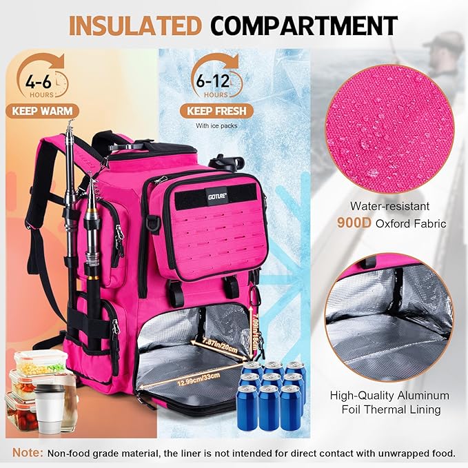 Goture Fishing Backpack, 58L 900D Water-Resistant Insulated Tackle Backpack with Cooler, Rod Holders, 8 Lure Pockets, Detachable Crossbody Bag, Gear Storage Large Fishing Bag for Camping Hiking