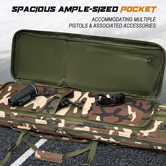 DULCE DOM 36 42 48 Inch Double Rifle Case, Tactical Soft Padded Backpack for Hunting & Shooting Range, Heavy-Duty Storage Gun Bag for 2 Rifles & Pistols with Lockable Zippers & MOLLE System