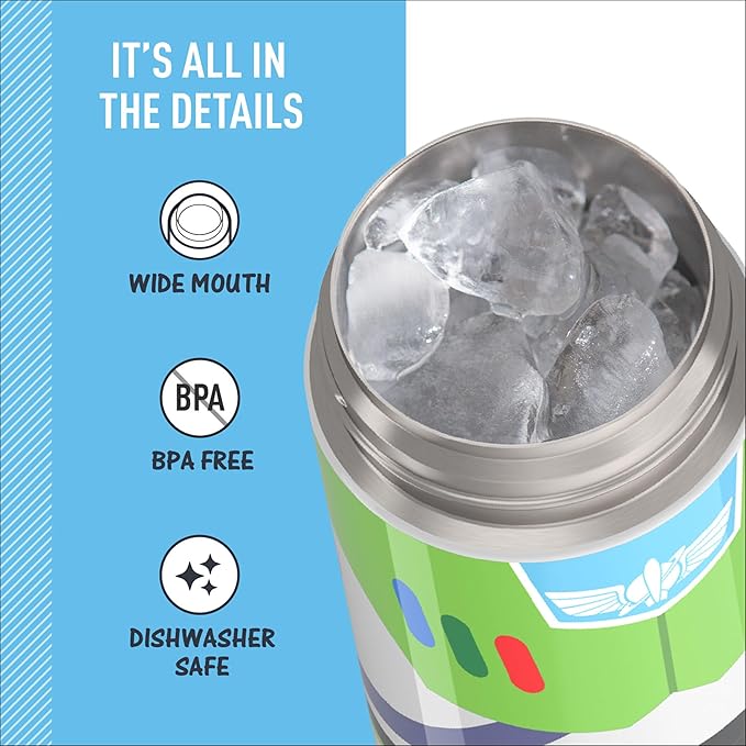 THERMOS FUNTAINER 16 Ounce Stainless Steel Vacuum Insulated Bottle with Wide Spout Lid, Toy Story Buzz