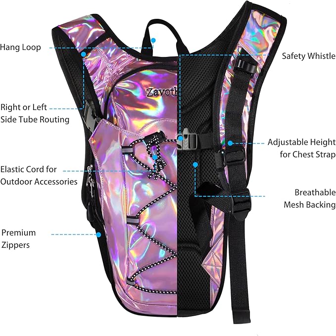 Reflective Hydration Backpack, Hydration Pack - Water Backpack with 2L Hydration Bladder, Essential for Festivals - Rave Hydration Pack for Hiking, Running, Cycling, and Festivals