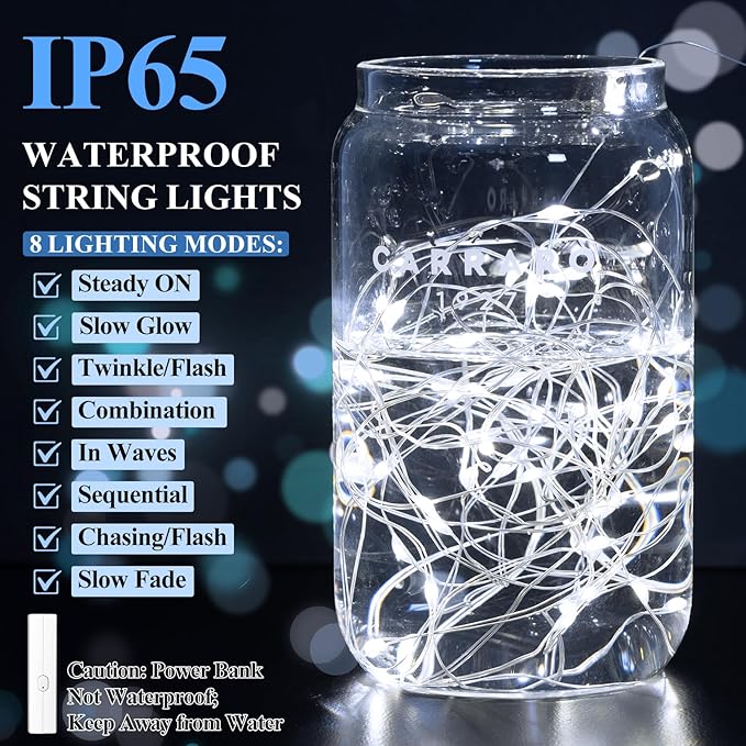 Lakumu 32FT(16 * 2) Fairy Lights Battery Operated, Rechargeable String Lights with Timer, LED Twinkle Lights for Bedroom, Christmas Decorations, Wedding, Vine, Centerpiece Table Decor Cool White