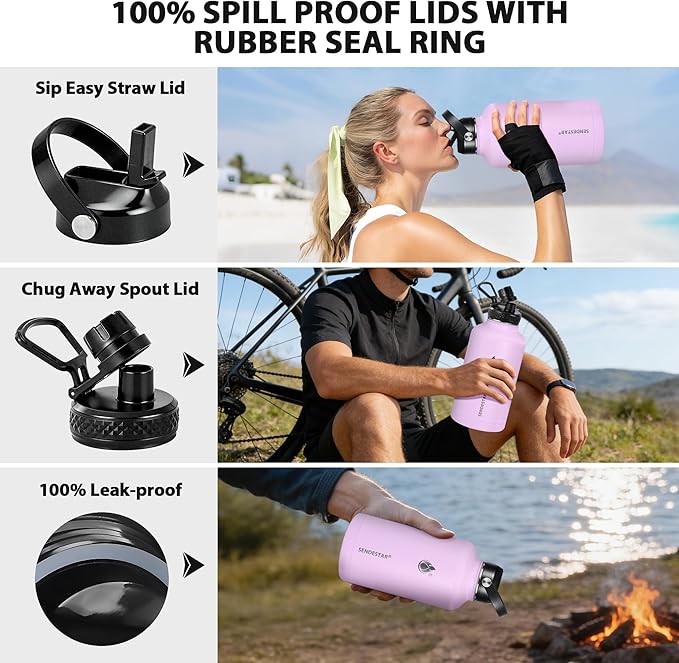 Insulated Water Bottle 64 oz, Triple Wall Vacuum Stainless Steel Water Bottles (Cold for 48 Hrs), Leak Proof & Non-BPA, Half Gallon Water Flask Jug Wide Mouth Straw Lid & Spout Lid