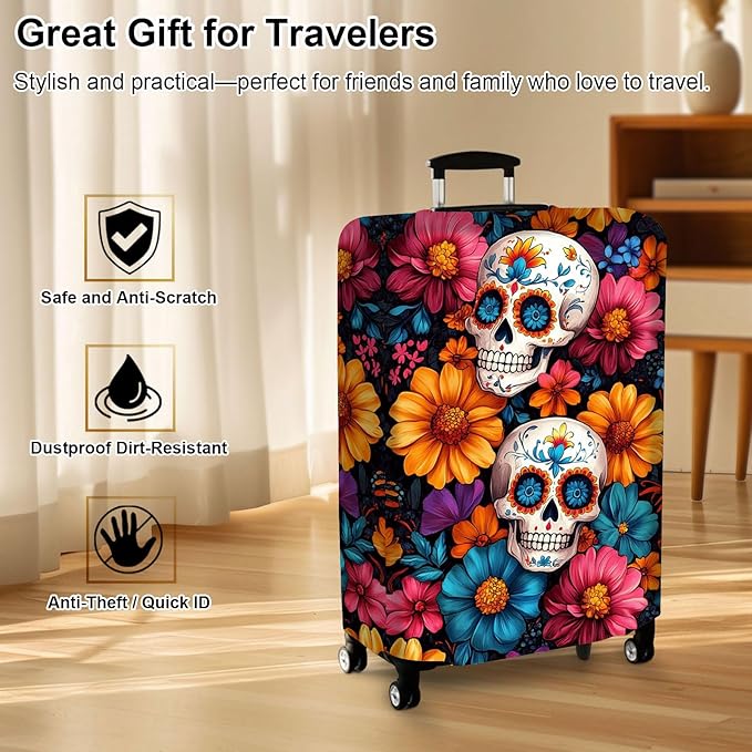 Luggage Cover Protector for 26-28 Inch Suitcases, TSA Approved Elastic Travel Suitcase Covers, Anti-Scratch Washable Luggage Sleeve for Carry On & Checked Bags, Sugar Skulls