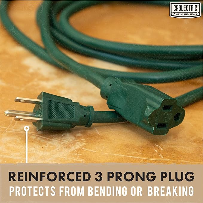 75 Foot Outdoor Extension Cord - 16/3 SJTW Green 16 Gauge Electrical Cable with 3 Prong Grounded Plug - Great for Powering Christmas Lights