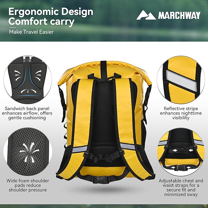 MARCHWAY Roll Top Waterproof Backpack, Floating Dry Bag 20L/30L/45L with Ergonomic Rectangular Base, Cushioned Back, Hip Strap for Hiking Camping Kayaking Travel (Yellow, 30L)