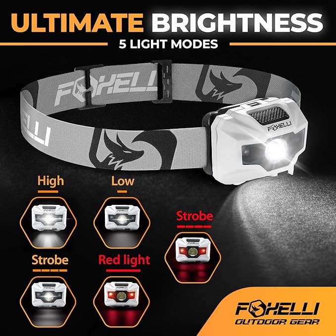 Foxelli USB‑C Rechargeable LED Headlamp – Ultra‑Light 2.4 oz & Bright 180 Lumens – Red/White Light, 5 Modes, IPX5 Waterproof, 40 h Runtime for Trail Running, Camping, Hiking