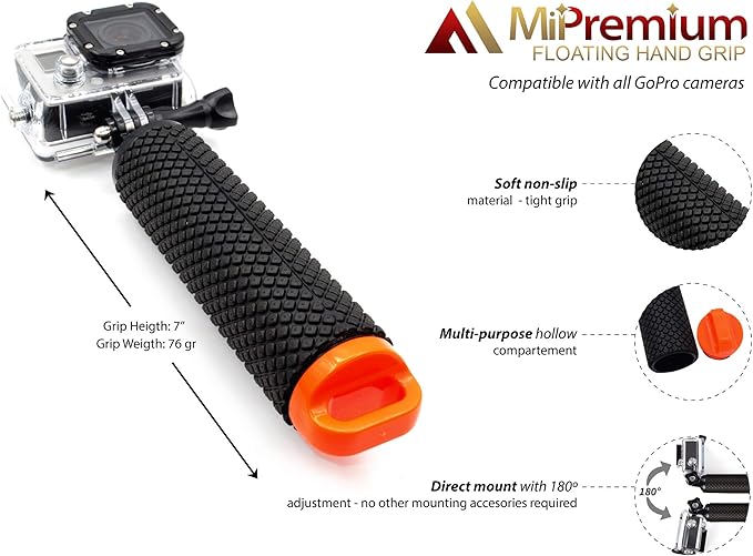 Floating Hand Grip Waterproof Monopod for GoPro Hero 13 12 11 10 9 8 7 6 5 4 3+ Session Black Silver Action Camera Handler & Handle Mount Accessories for Underwater Snorkeling & Water Sports (Orange)