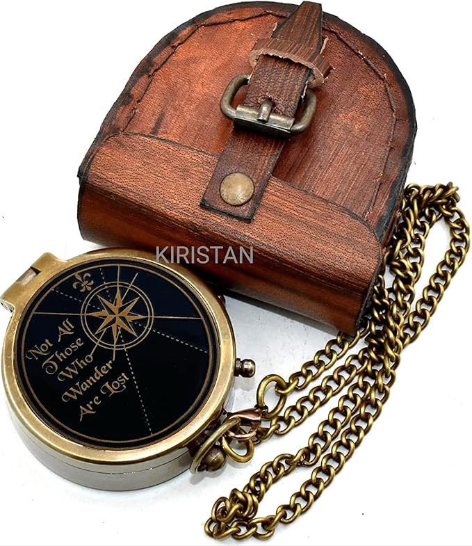 Vintage Brass Compass Not All Those Who Wander are Lost, Engraved Antique Pocket Compass with Leather Case, Inspirational Graduation Gift for Men, Hiking Camping Navigation Nautical Compass