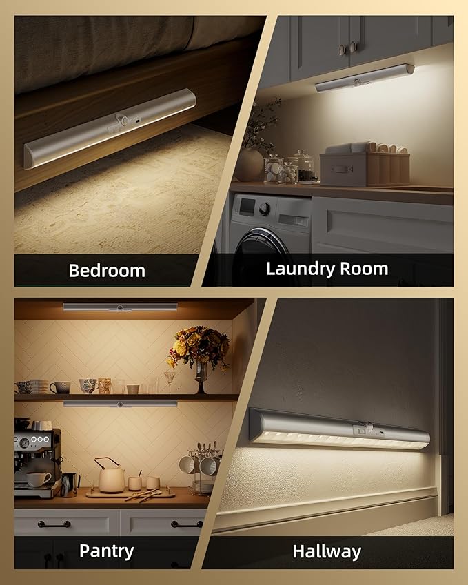 EZVALO 17-Inch LED Motion Sensor Closet Light, Rechargeable 3600mAh Battery, 150 Lumens No-Glare Curved, 3 Color Temperatures & Dimmable Cabinet Light for Wardrobes & Shelves