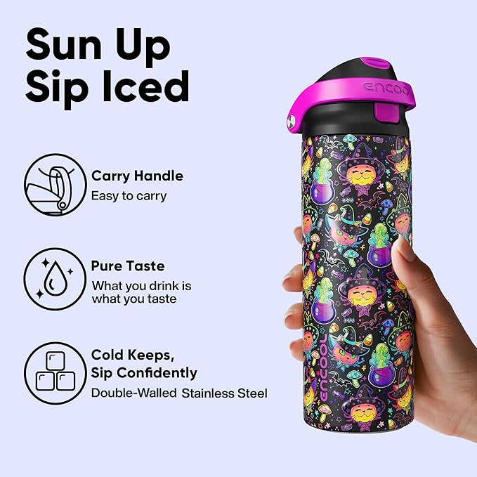 Encool SwiftSip Insulated Stainless Steel Water Bottle with Straw - Leak Proof Sports Water Bottle for School, Travel, Keeps Cold All Day, One-Touch Flip Lid, BPA-Free, 24 oz, Meowgic Night