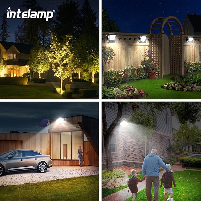 intelamp 4400mAh Solar Flood Lights, 2 Pack Outdoor Solar Security Light Dusk to Dawn Auto On/Off IP65 Waterproof Solar Powered Lights for Porch, Balcony, Yard, Garage, Barn, Garden