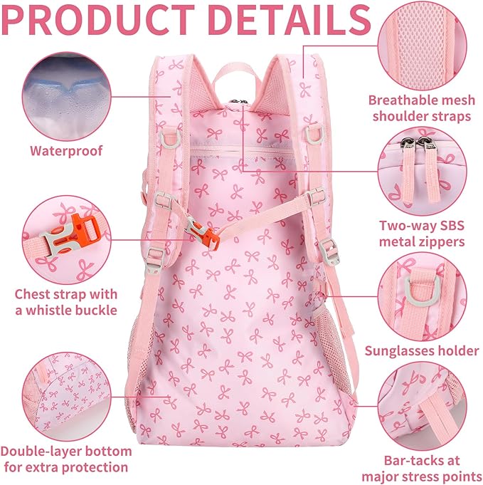 40l Foldable Pink Bow Backpack for Women Pink Waterproof Lightweight Packable Hiking Backpack Coquette Bow Travel Adventure Daypack for Women Gift Camping Travel Business Trip Supply