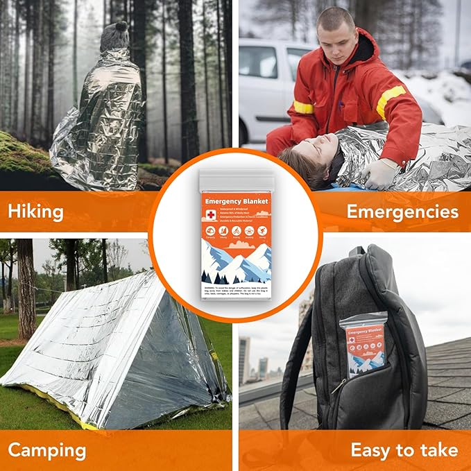 10 Pack Emergency Thermal Blanket Survival, Mylar Blankets for Outdoor, Space Blanket, Silver Foil for Survival, Survival Kit Camping Blankets, Body Warmer, First Aid, Hiking 84” x 52”