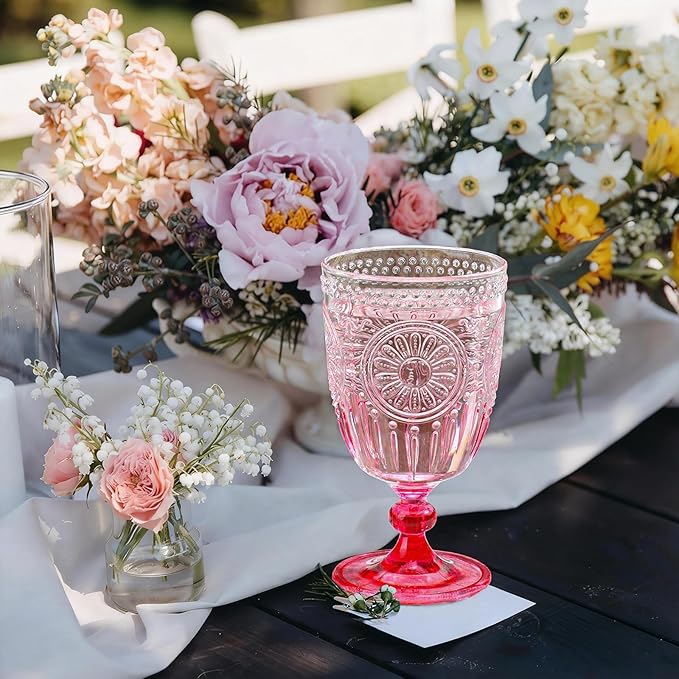 XUWAIDSGN 6Pcs Plastic Vintage Wine Glasses 13.5oz Reusable Embossed Goblet Glasses Pink Gradient Retro Wine Glassware Unbreakable Stemmed Champagne Water Cups for Wine Cocktail Juice Wedding