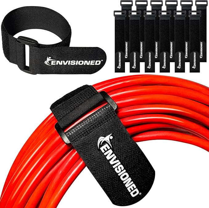 Reusable Cinch Straps 1" x 15" - 12 Pack, Multipurpose Quality Hook and Loop Securing Straps (Black) - Plus 2 Free Bonus Reusable Cable Ties
