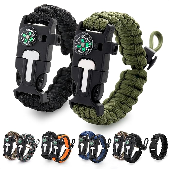 Paracord Bracelets for Men and Women – Adjustable Survival Paracord Bracelet with 10 ft Nylon Survival Cord, Flint Fire Starter, Compass, Whistle & Scraper – Gear for Camping, Hiking, Fishing & Travel