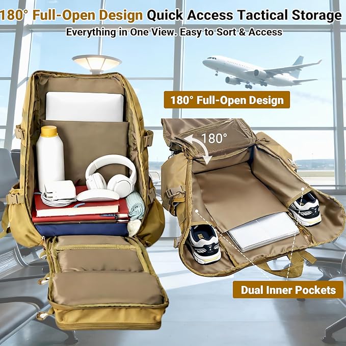 kokkoya Lightweight Tactical Backpacks with Laptop Compartment for Men 40L EDC MOLLE Military Style 17 in Computer with Cup Holder Travel Hiking Daypack (Khaki)