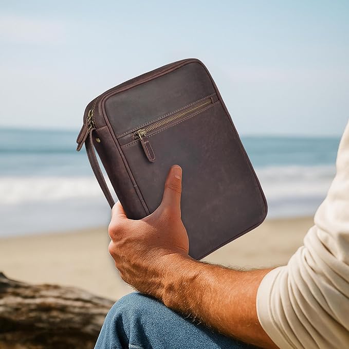 LEATHER VILLAGE Genuine Leather Bible Cover with Zipper for Men & Women - Large Bible Case Carrying Bag Book Cover & Organizer with Handle and Pockets - Leather Bible Covers for Church Study - Cherry
