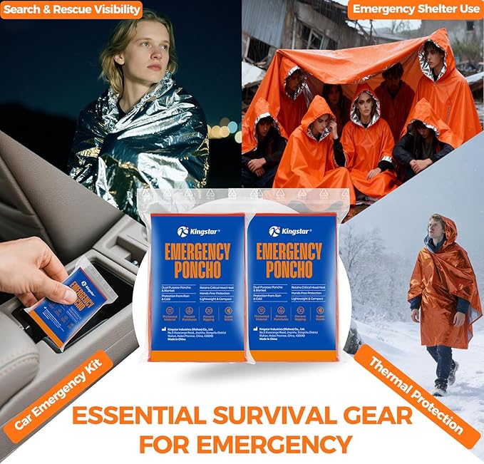 K Kingstar 2 Pack Emergency Mylar Poncho, Waterproof Rain Ponchos, Reusable Packable Ponchos, Survival Blanket Poncho for Outdoor Camping & Hiking, Rescue, Car Emergency Kit, Shelter/Tent Cover