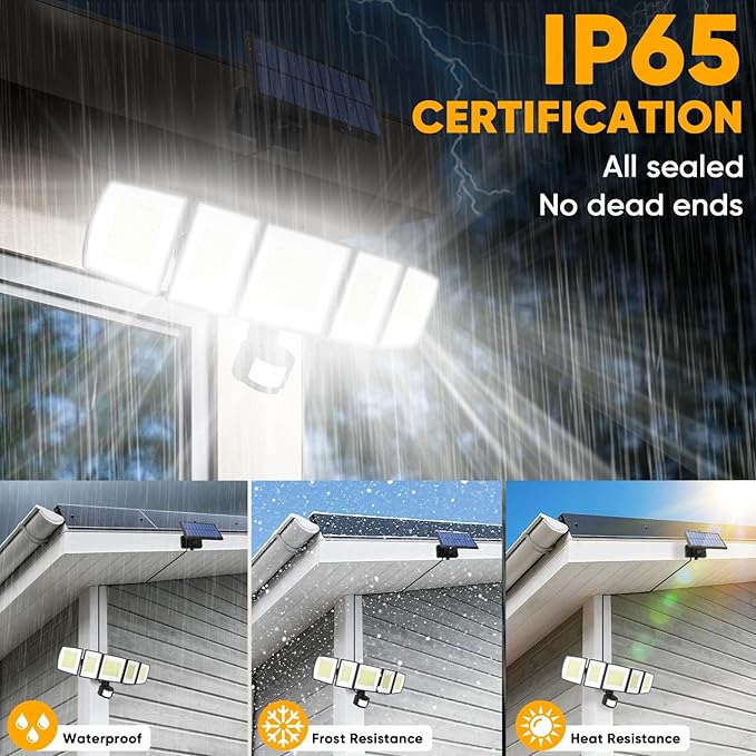 MDCMDCM Solar Motion Lights Outdoor - with 16.4ft Cable, 3000LM LED Security Lights for Outside Dusk to Dawn, 2400mAh IP65 Waterproof Flood Lights with Remote for Court Yard Garage Front Door