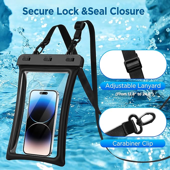 CACOE [Floatable Floating Universal IPX8 Waterproof Phone case 2 Pack-Up to 10.0",Adjustable Lanyard Phone Pouch,Cellphone Dry Bags for Vacation Beach Pool Kayak Cruise Travel Essentials（Black+Black）