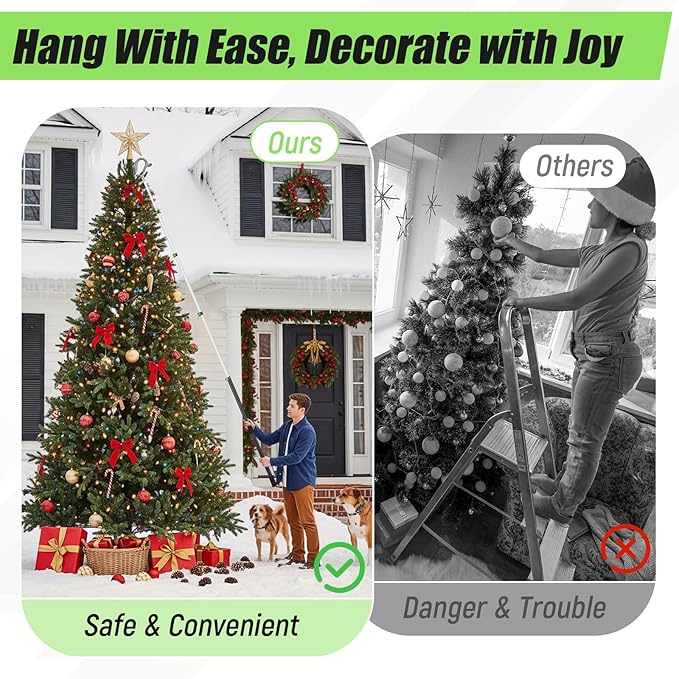 7-30 ft Telescopic Extension Pole with Utility Hook, Multi-Purpose Aluminum Pole for Painting, Dusting and New Year Window Cleaning Christmas Lights Installation Without a Ladder(Green)