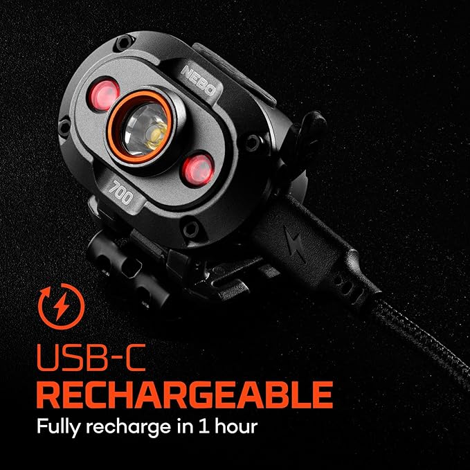 NEBO MYCRO 700 Headlamp | USB-C Rechargeable 700 Lumen Headlamp, 6 Light Modes, White Red & Green Light, IPX4 Water Resistant, Adjustable Strap, Cap Light Convertible