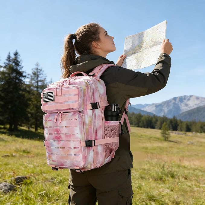 Military Tactical Backpack 45L/25L 3 Day Assault Pack Molle Daypack Hiking Backpack for Men and Women (Pink StarrySky, 45L)